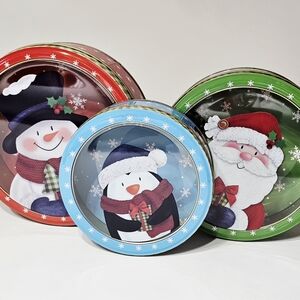 3 Nested Metal Christmas Cookie Tins with Lids for Gift Festive Holiday Tin Set